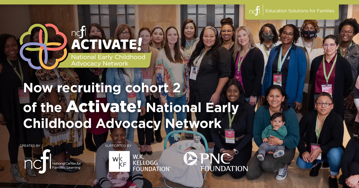 A group photo of Activate! National cohort 1 with the logos of Activate!, NCFL, W.K. Kellogg Foundation, and PNC Foundation and the text Now recruiting cohort 2 of the Activate! National Early Childhood Advocacy Network.