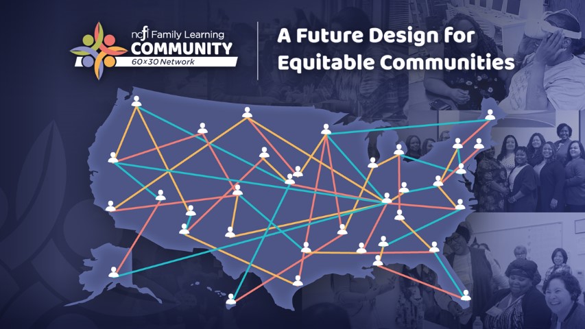 The shape of the U.S. with lines zigzagging to different points on the map overlaying a collage of participant photos with the text A Future Design for Equitable Communities