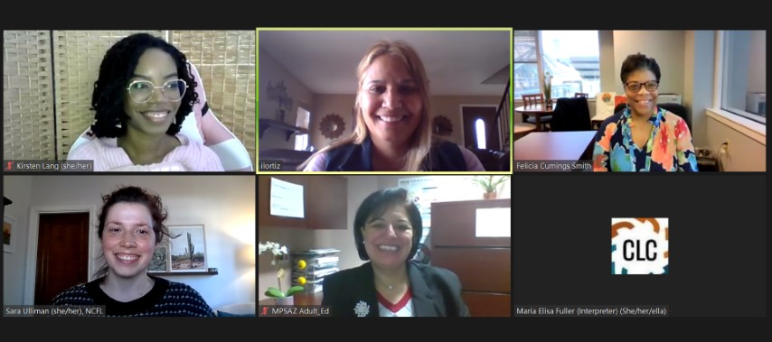 Screenshot of a virtual meeting with Ivonne Ortiz, her colleague Norma Huerta, and NCFL staff
