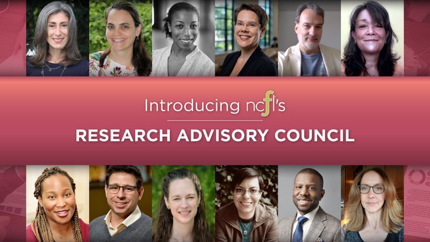 A group of 12 headshots of the Research Advisory Council with the text Introducing NCFL's Research Advisory Council