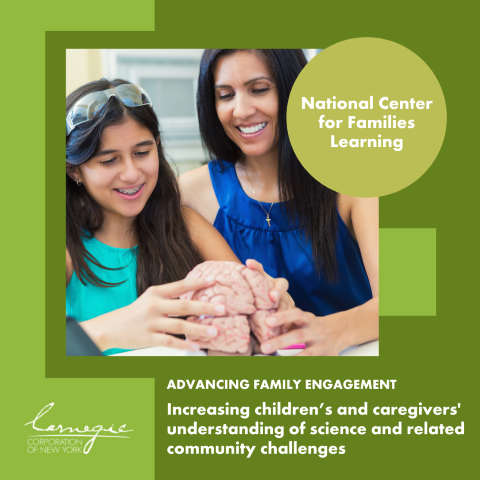 Graphic with photograph of teen girl and her mother examining a replica of a human brain and a description of NCFL's project, 